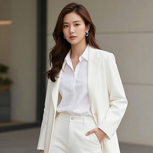 Photograph of an East Asian woman with long, wavy brown hair, wearing a white blazer and shirt, white pants, and silver earrings,