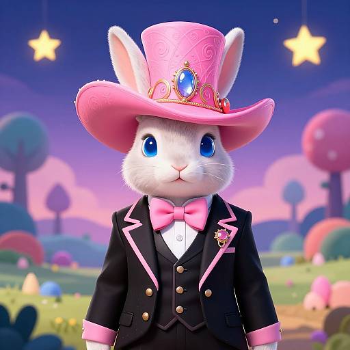 CGI image of a cute white rabbit with blue eyes, wearing a pink top hat with a blue gem, black suit, pink bowtie, and