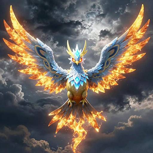 Digital art of a fiery, blue and white winged phoenix with glowing cyan head, orange feathers, and outstretched wings against a stormy sky