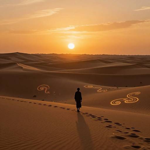 Silhouetted person walking through orange desert at sunset, leaving footprints, with glowing swirls on the sand, under a bright sun.