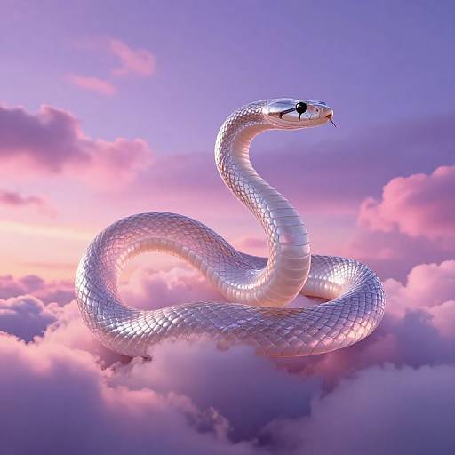 Photorealistic digital artwork of a silver, shimmering snake coiled amidst pink and purple clouds at sunset, with a serene, ethereal sky background