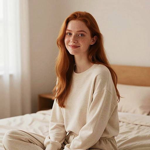 Young Woman in Minimalist Pastel Bedroom