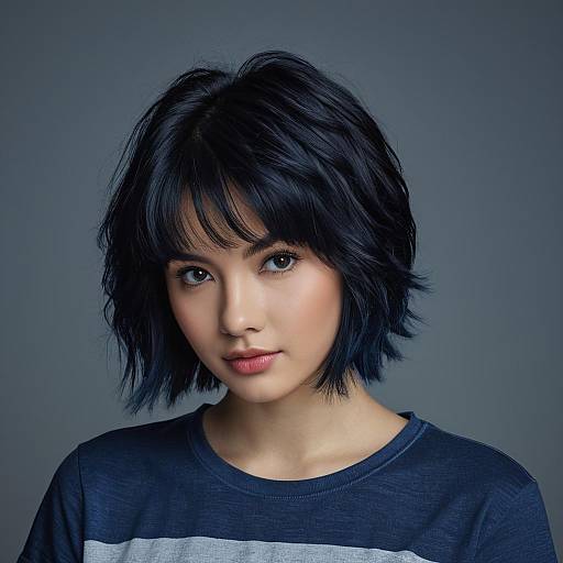 Portrait of Young Woman with Blue Black Shaggy Hair