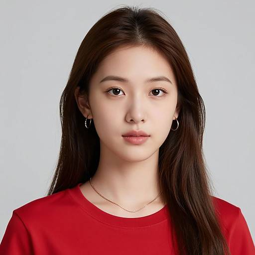 Photograph of an East Asian woman with long, straight black hair, wearing a red shirt, small hoop earrings, and a delicate necklace, against a