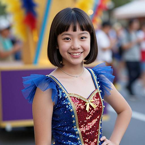 Photograph of a smiling Asian girl with a bob haircut, wearing a sequined blue and red dress with blue tulle shoulders, standing in front of
