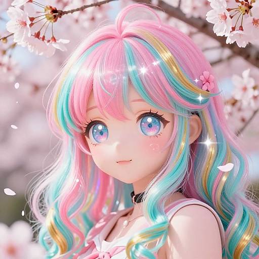 Digital anime-style drawing of a cute, pastel-haired girl with large, sparkling blue eyes, surrounded by blooming cherry blossoms. Her colorful hair