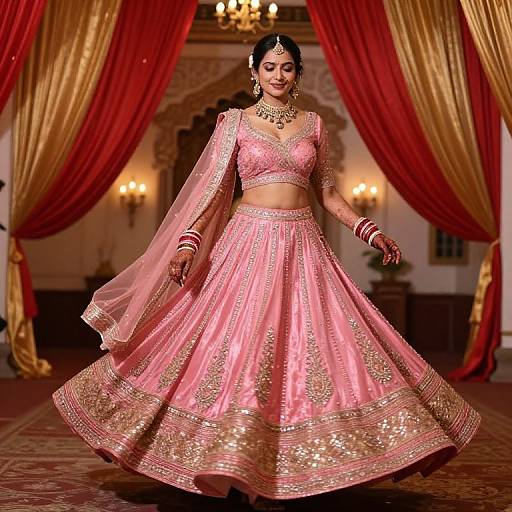 Photograph of a South Asian bride in a pink, gold-embellished lehenga and crop top, dancing in a luxurious room with red and