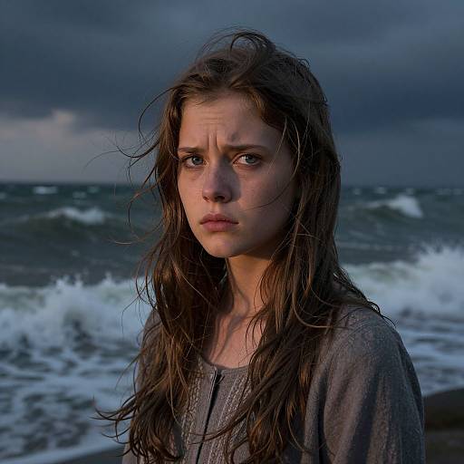Photograph of a young woman with wet, wind-blown brown hair, wearing a grey, wet shirt, standing against a stormy ocean backdrop with