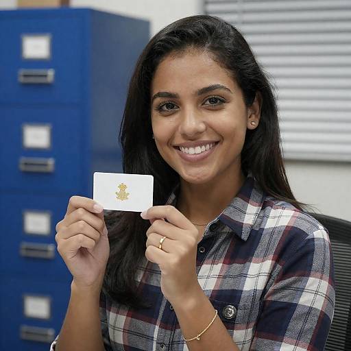 Smiling Woman Holding Gold Emblem Card