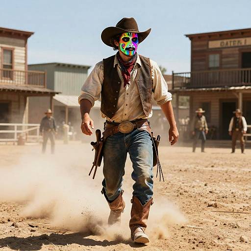 Photograph of a man in Western attire, with a colorful, distorted face mask, running through a dusty Old West town, flanked by buildings and
