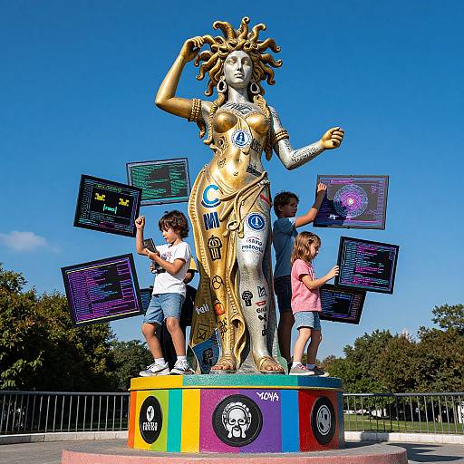Photograph of two children interacting with golden, goddess-like statue adorned with digital screens and colorful base, under clear blue sky.