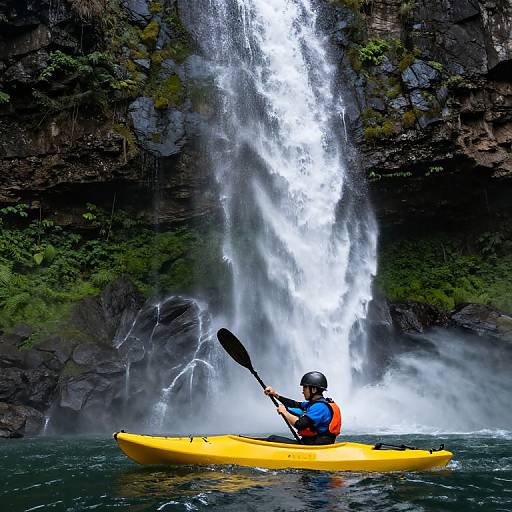 Kayaker Beneath Majestic Waterfall
