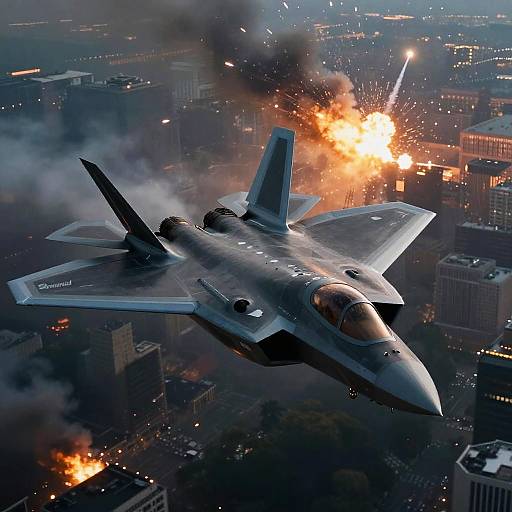 Photograph of a modern F-22 Raptor jet fighter, blazing through a cityscape with fiery explosions and smoke trails below.