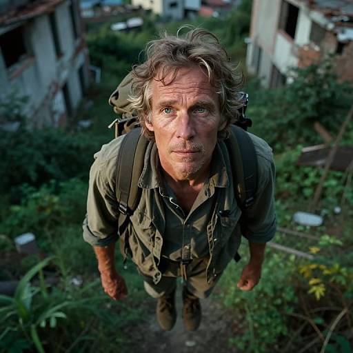 Photograph of a rugged, middle-aged man with tousled gray hair and blue eyes, wearing green military-style clothing and backpack, looking up from a