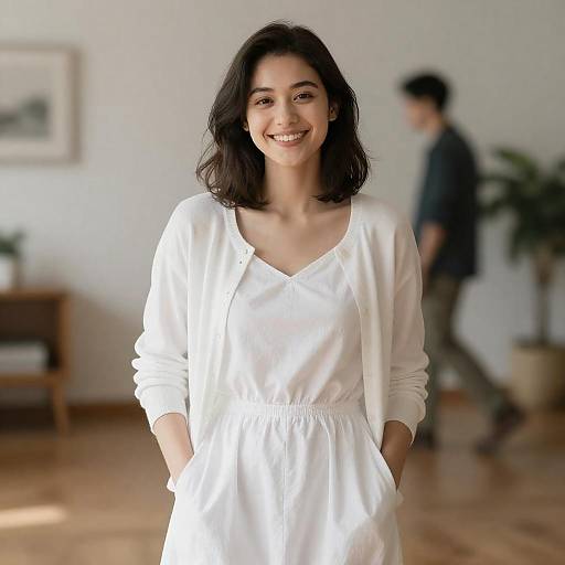 Smiling young woman in white dress indoors
