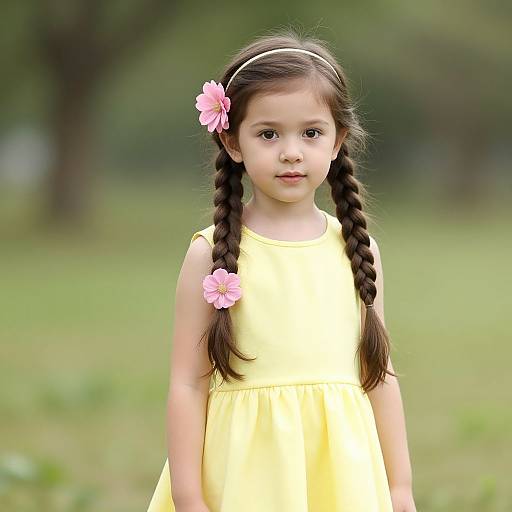 Photograph of a young girl with brown braids, pink flower hairpins, and a yellow dress, standing in a green park.