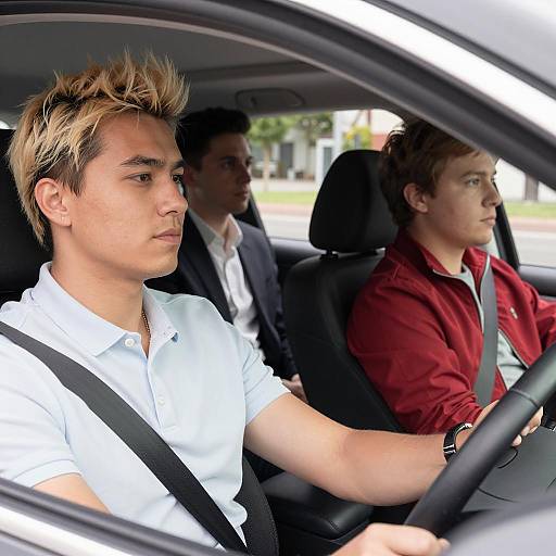 Three men riding in a car
