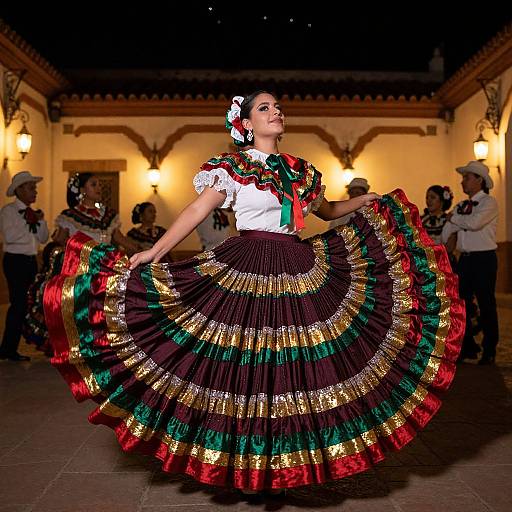 Photograph of a Latina woman in a vibrant, multicolored, traditional Mexican dress performing a folk dance, surrounded by musicians in a warmly lit,