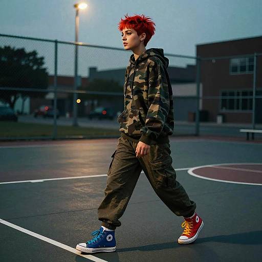 Photograph of a young person with bright red spiky hair, wearing a camouflage hoodie, black cargo pants, and mismatched blue and orange sneakers,
