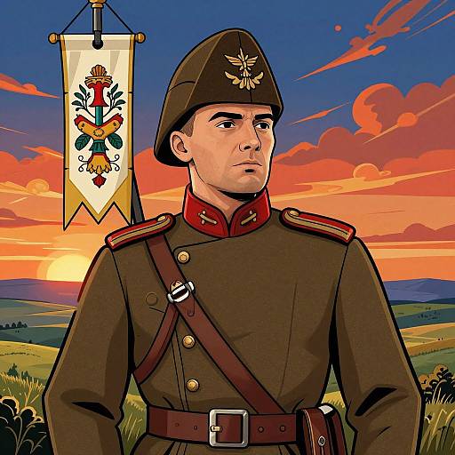 Digital illustration of a stern-faced soldier in a brown military uniform with red collar, black hat, and cross emblem, standing against a vibrant sunset sky with