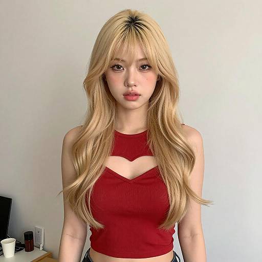 Young Woman in Red Heart Cutout Top