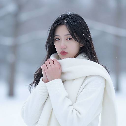 Photograph of an East Asian woman with long black hair, wearing a white fur coat, holding the collar against a snowy, blurred winter background.