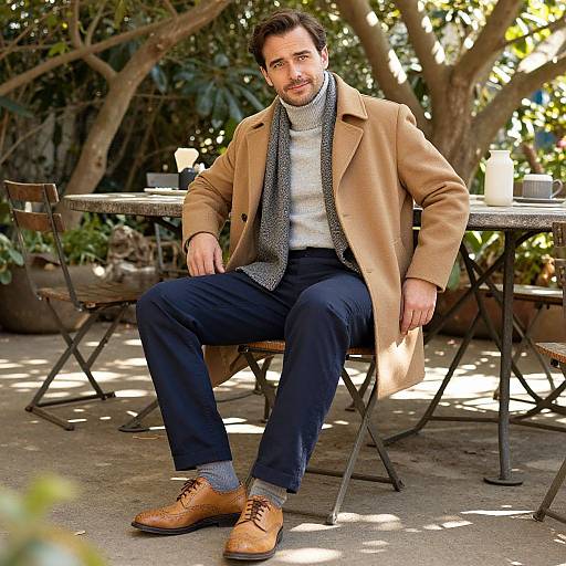 Photograph of a handsome man with short brown hair, wearing a tan coat, white turtleneck, gray scarf, dark pants, and brown boots