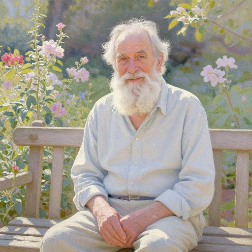 Photograph of an elderly white man with a white beard, wearing a light blue shirt and beige pants, sitting on a wooden bench in a sunlit