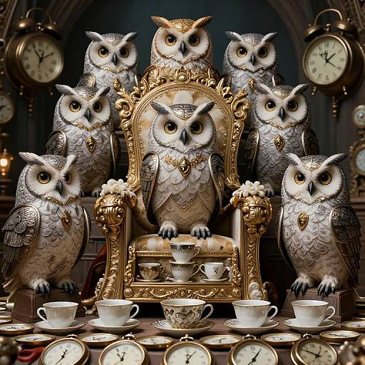 Photograph-realistic digital art of eight regal owls with intricate patterns, wearing jewelry, sitting around a gold throne with teacups and clocks