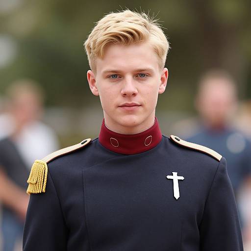 Photograph of a young, blonde, blue-eyed man in a black military uniform with gold epaulettes, red high-collar, and white cross