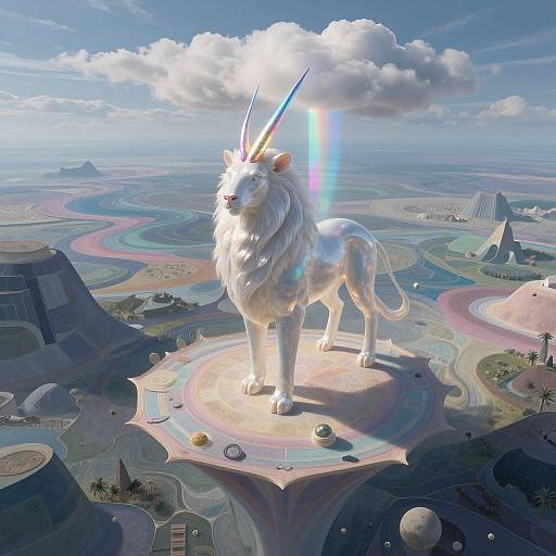 Digital artwork of a majestic, white, unicorn-like creature with glowing horns standing on a floating platform over a colorful, surreal landscape with pyramids and winding