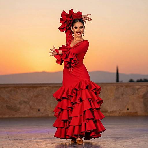 Photograph of a smiling woman in a vibrant red, ruffled Flamenco dress, standing on a stone terrace at sunset, arms gracefully raised.