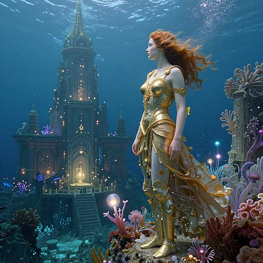 Photograph of a red-haired woman in a golden, ornate underwater gown standing before a glowing, castle-like structure surrounded by bioluminescent coral