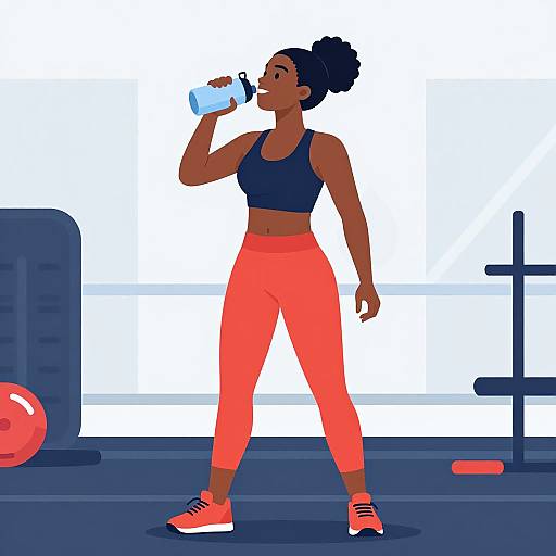 Digital illustration of a fit Black woman with dark skin, in a navy sports bra and bright orange leggings, drinking water in a gym with weights and bar