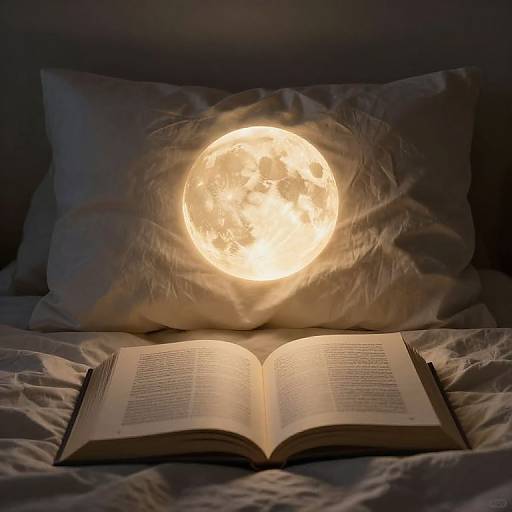 Photograph of an open book on a bed, illuminated by a glowing, ethereal moon hovering above the pillows in darkness.