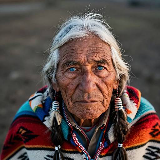 Photograph of an elderly Native American woman with wrinkled skin, white hair in braids, blue eyes, wearing a colorful, patterned blanket with