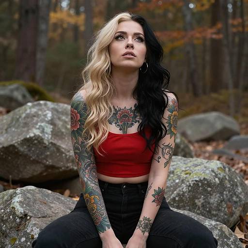 Tattooed Woman in Autumn Forest