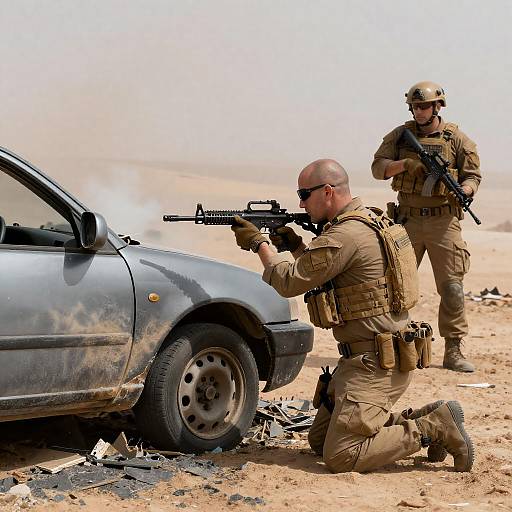 Two Armed Soldiers in Desert Tactical Operation