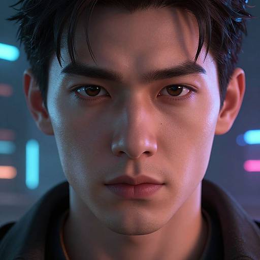Close-up photograph of an Asian man with short black hair, intense expression, and illuminated blue and pink city lights in the background.