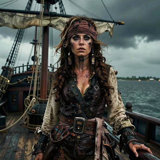 Photograph of a dirty, distressed pirate woman with long, messy brown hair, wearing a tattered shirt, vest, and headband, on a