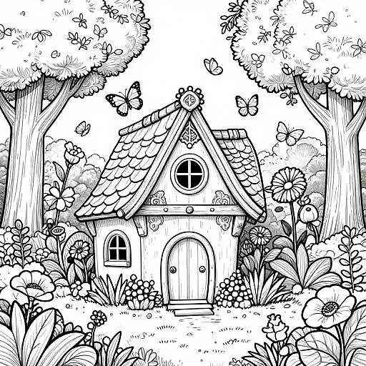 Whimsical Cottage in Detailed Garden Coloring Page