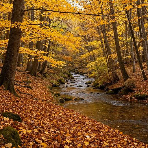 Photograph of a serene autumn forest with a flowing creek, surrounded by vibrant yellow and orange leaves, tall trees, and fallen leaves on the forest floor