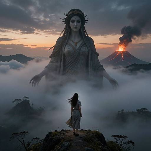 Digital artwork: Giant goddess with crown and flowing dress towers over small woman, standing on rocky peak, with erupting volcano and sunset in misty background