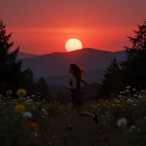 Silhouetted woman jogging through a flower field at sunset, with a vibrant red sun and dark mountains in the background. Photograph.