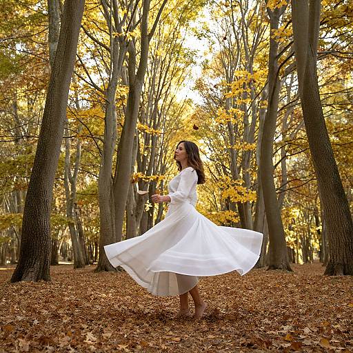 Photograph of a woman in a flowing white dress, spinning in an autumn forest with golden leaves and fallen leaves on the ground.