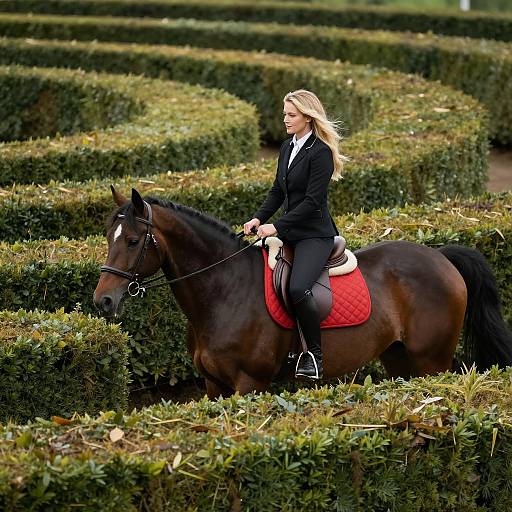 Elegant Rider in Hedge Maze Adventure