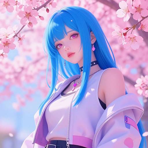 Digital anime-style portrait of a blue-haired girl with pink eyes, wearing a white crop top, black choker, and oversized jacket, surrounded by blo