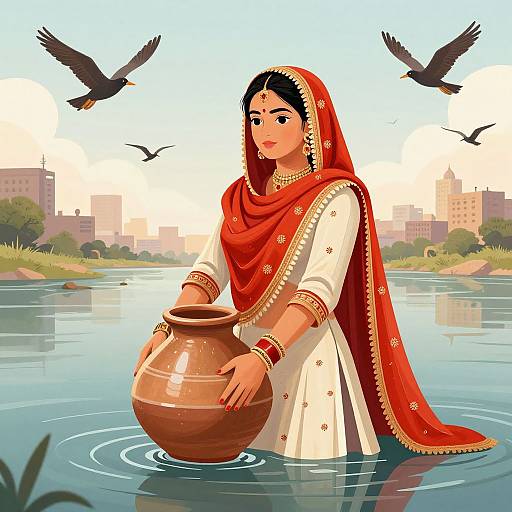 Digital illustration of a South Asian woman in a red and white traditional outfit, standing in a river, holding a clay pot, with birds flying and city