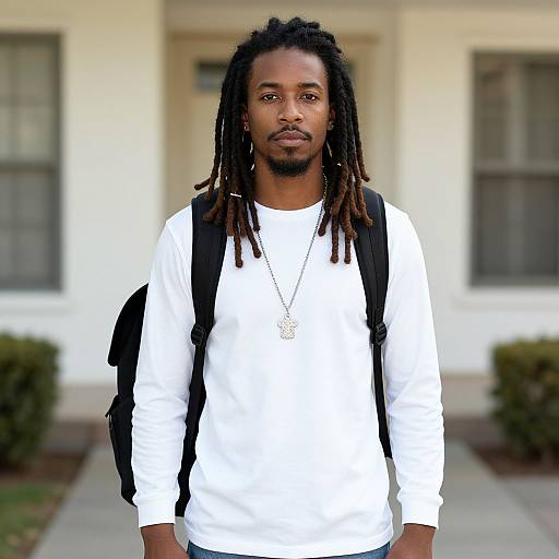 Photograph of a Black man with dreadlocks, wearing a white long-sleeve shirt, necklace, and black backpack, standing in front of a