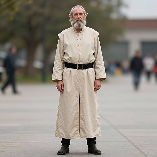 Photograph of an elderly, bearded man with pointed ears, wearing a long, cream-colored robe with black belt, standing in a blurred urban outdoor